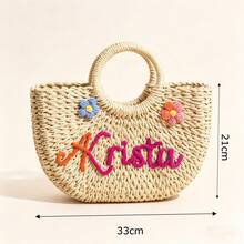 MerexSync 1pc Customized Text Floral Decor Straw Crescent-Shaped Beach Bag, Vacation Wedding Party Handbag, Bridesmaid, Bride, Bridesmaid Gift, Vacation Handbag, Teacher Gift, Beach Bag, Personalized Bag, Bag, Unique Gift - Multicolor - View 18