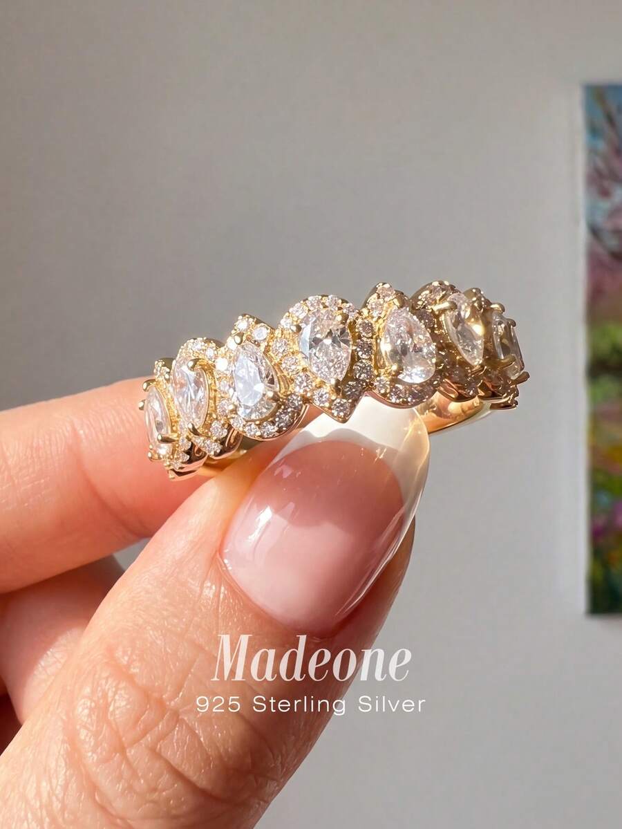 MADEONE 1枚经典优雅水滴形立方氧化锆戒指,订婚/节日礼物,925纯银精美首饰 - 半圓淚珠戒指 - 查看 1