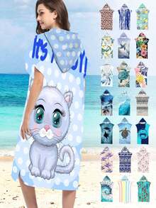 1pc Rainbow Unicorn & Blue Polka Dot Kitten Print Polyester Hooded Poncho, Oversized Beach Towel - Vibrant Unicorn Design, Beach Wrap, Soft & Durable Polyester Robe, Suitable For Swimming, Travel And Beach Vacation, Unisex Bathrobe, Beach Towel, Women Robe, Travel Decor, Casual Decor - Multicolor - View 13