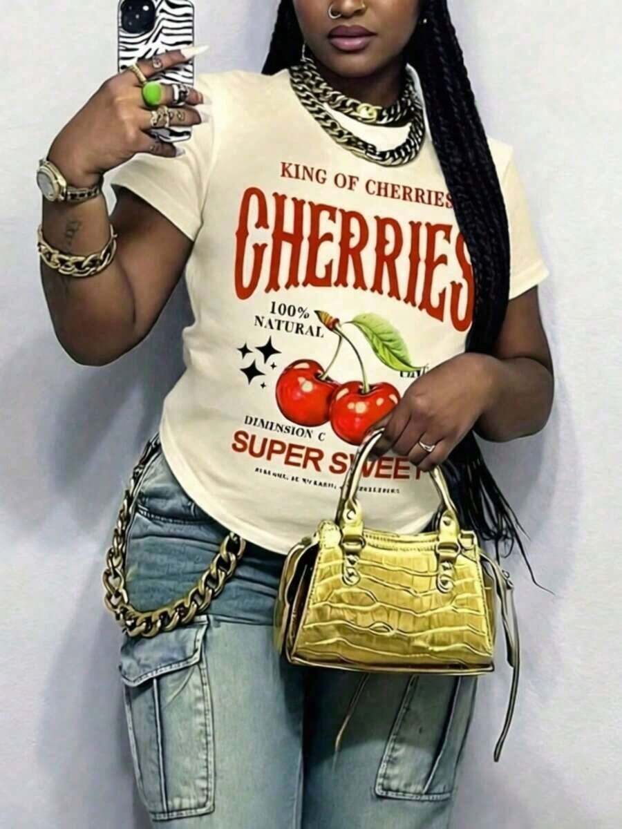 Women's Clothing, Cherries, Y2K, Casual Short Sleeve T-Shirt 100% Cotton For Curvy Women, Graphic Tees For Women, Tops, Summer Sets For Women, Cotton T-Shirt - 杏色 - 查看 1
