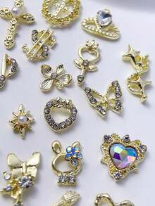 Mix 30/55/102pcs Nail Charms Nails In Gold And Studded With Rhinestones.Simple, Understated Luxury,French-Style Metal Nail Supplies Perfect For Valentine's Day,Music Festivals,Travel,Rhinestone Nail Gems,Suitable For Multi-Functional DIY Accessories. - Multicolor - View 8