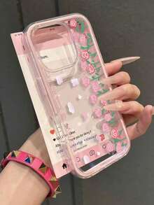 1pc Fashion Creative Full-Screen Rose Pink Flower & Letter Pattern Phone Case, Dual-Color TPU Shockproof Soft Cover Compatible With Apple 11/12/13/14/14Plus/15/15Plus/16/16Plus/17/17Pro - Multicolor - View 2