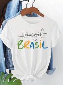Camiseta de Mujer con Estampado Gráfico de Brasil presenta un diseño artístico, cuello redondo, mangas cortas, adecuada para los fans brasileños y aquellos que aman la cultura brasileña. Para uso diario en primavera/verano, 100% algodón. - Blanco - Ver 6