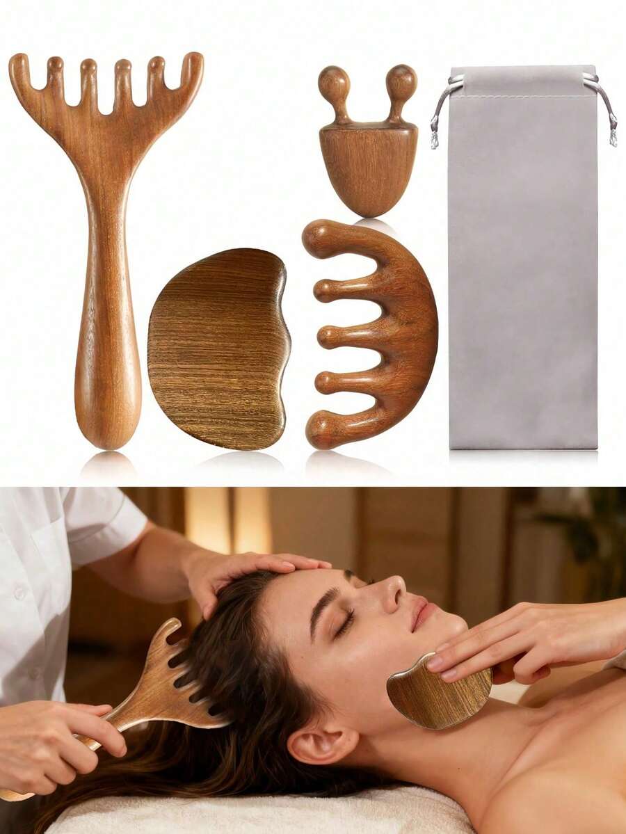 Bộ 4 dụng cụ massage bằng gỗ đàn hương, bao gồm dụng cụ cạo massage mặt và đầu, que massage làm đẹp da mặt, và bảng massage toàn thân giúp thư giãn cơ bắp. - màu nâu - Xem 1