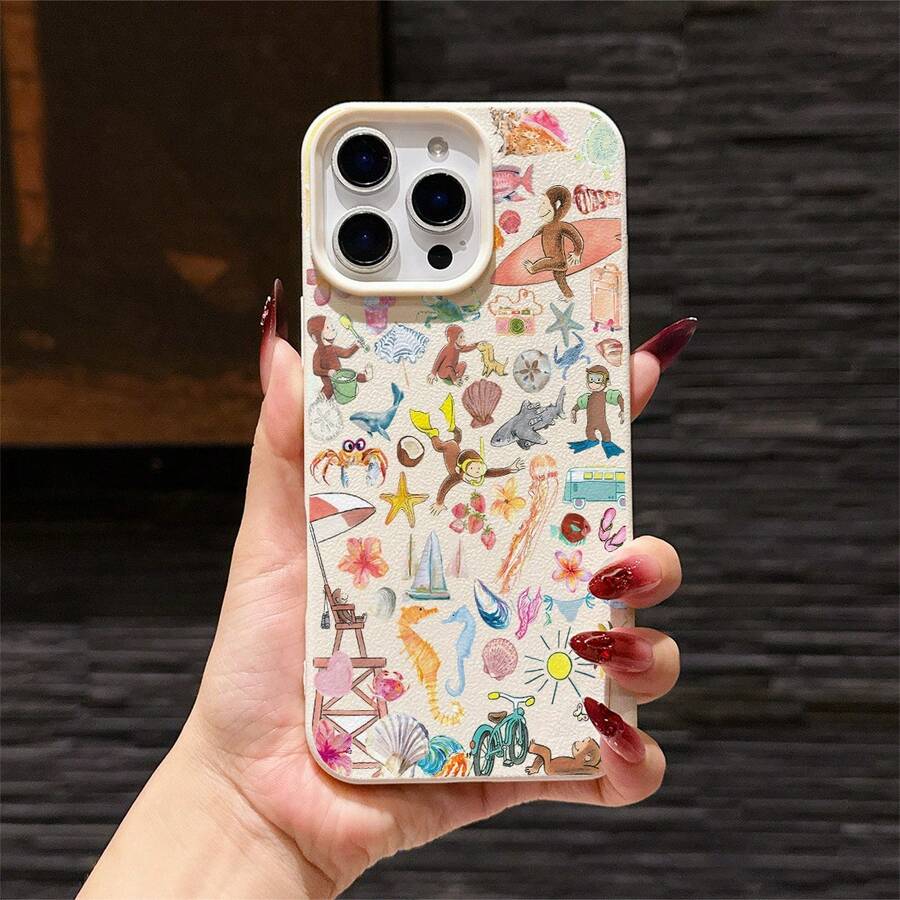 1pc Polka Dot Fashion Creative Pink-Purple Monkey & Lychee Pattern Soft Phone Case Suitable For IPhone XR/11 To 17 - Multicolor - View 1