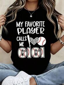 Women's Crew Neck T-Shirt With Baseball Bat, Heart, And Ball Print, Short Sleeves, Casual Summer Style, Perfect For Grandmas And Baseball Fans. A Great Gift Idea. Women's T-Shirt. Elegant Blouses. Boho Chic. Soft, Breathable, And Comfortable Women's Top, Ideal For Spring, Summer, And Fall, Perfect For Vacations, Travel, And Everyday Wear. - 黑色 - 查看 7