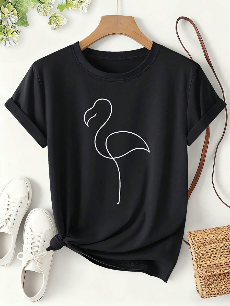 Women's Flamingo Print T-Shirt, Unique Line, Artistic Style Spring/Summer 2026, Short Sleeve, Cool Everyday Wear, Loose And Minimalist, Animal Theme, Versatile Fashion Design, Women's Clothing S-XXL - 黑色 - 查看 1
