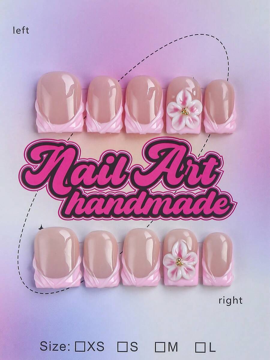 10 Stück quadratische handgefertigte Nagelspitzen, Y2K Baddie Stil, Nude & Rosa Farbe mit French Edge, Schnitzerei, Stahlperlen, Wassertropfen, Muscheln, Batik, Perlenelemente, geeignet für Party, Hochzeit, tägliches Tragen, inklusive Werkzeugset, tolles Geschenk für Frauen und Mädchen, handgefertigte Press-On-Nägel - Pink - Übersicht 1