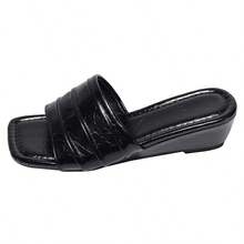 manjingfu Ladies' Casual Thick-Heeled Sandals Feature An Asymmetric Pleated Design, Paired With Open-Toe High-Heeled Slippers; Anti-Slip Slippers, - Black - View 12