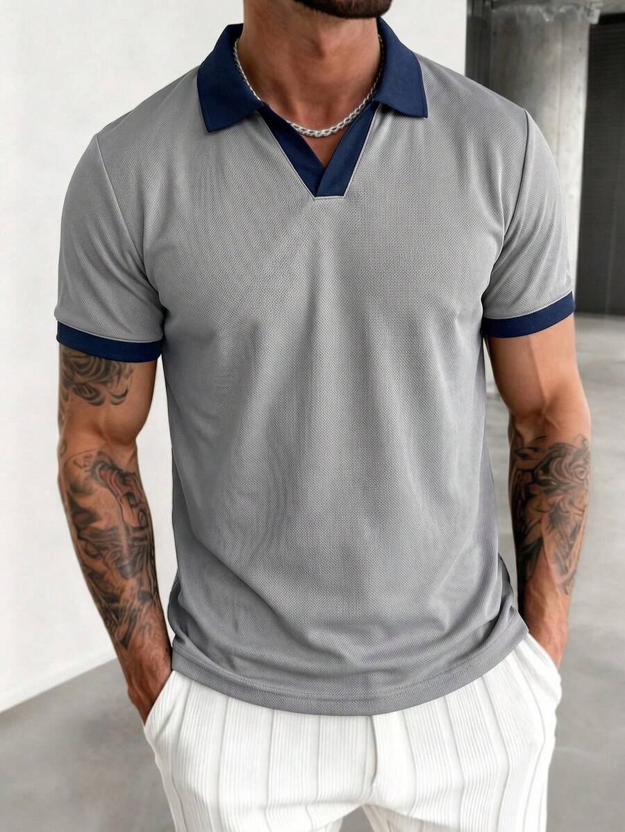 Casual Men's T-Shirt, Collared Sports Polo T-Shirt Short Sleeve Summer, Suitable For Daily Wear, Work Wear Pullover Men's Short Sleeve Top - Light Grey - View 1