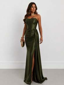 Satin Dress For Parties And Special Occasions, Strapless, Elegant - 橄欖綠 - 查看 3