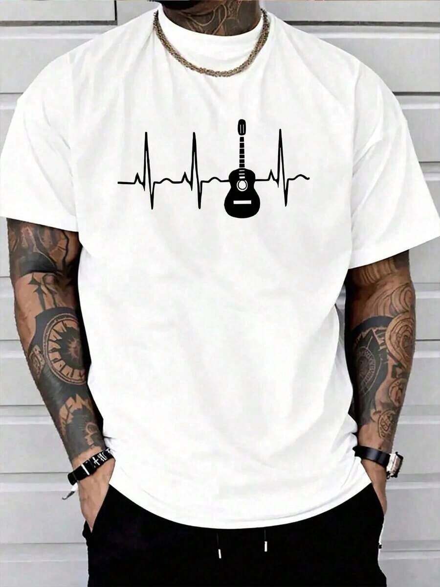 Playera para Hombre con Guitarra y Latido del Corazón - Estilo Musical Oversize - Blanco - Ver 1