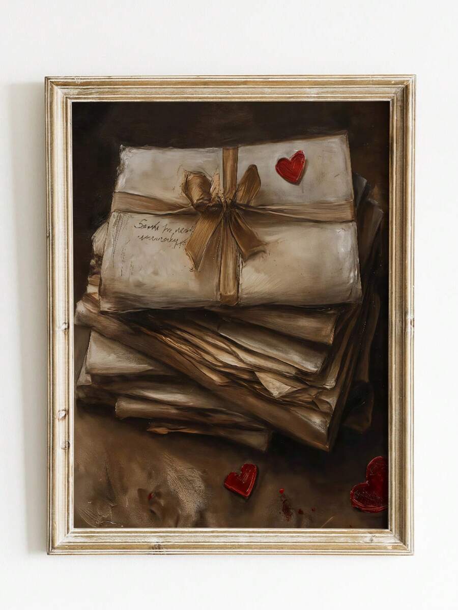 1pc Frameless Vintage Valentine's Day Love Letters Art Print, Stack Of Old Letters Tied With Brown Ribbon & Red Hearts, Warm Retro Romantic Poster For Living Room, Bedroom, Dorm, Room Decor, Funkyposters,Vintage Decor, College Dorm Essentials - Frameless - View 1