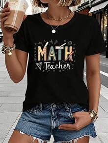 Women's Short-Sleeved T-Shirt With A Round Neck, A Fun And Professional Style, Featuring A Math Teacher Text Print And Mathematical Symbols. Cheerful And Cute, It Radiates The Creativity Of A Math Teacher. New For Summer: 100% Cotton Round Neck T-Shirts. - Black - View 1