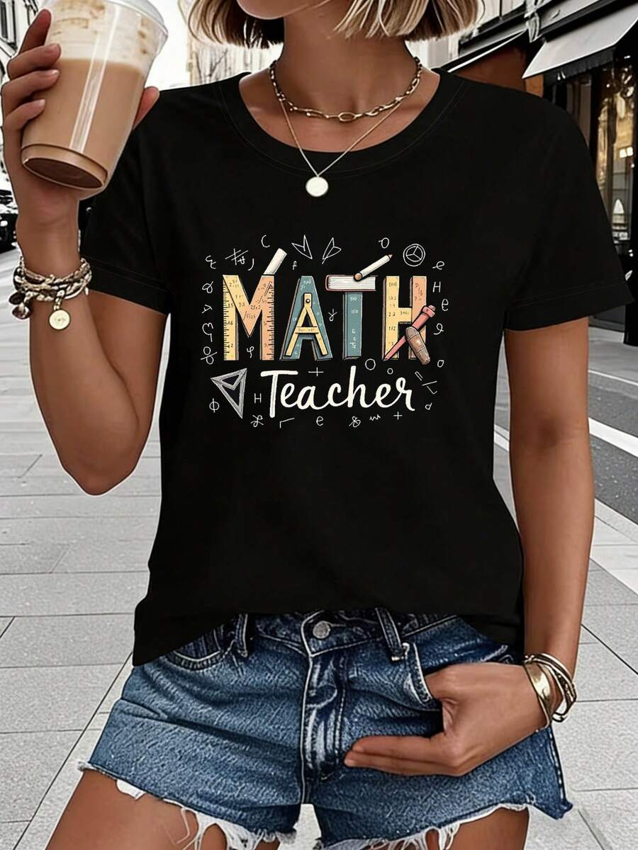 Women's Short-Sleeved T-Shirt With A Round Neck, A Fun And Professional Style, Featuring A Math Teacher Text Print And Mathematical Symbols. Cheerful And Cute, It Radiates The Creativity Of A Math Teacher. New For Summer: 100% Cotton Round Neck T-Shirts. - Black - View 1