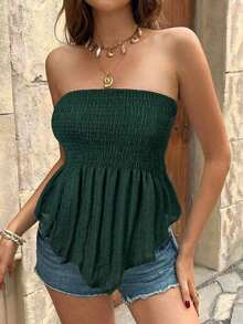Top bandeau sin tirantes de unicolor con volantes en el bajo, para vacaciones - Verde - Ver 3