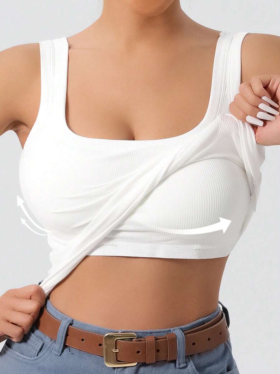 1pc All-Season Women's Sports Tank Top With Large U-Back, White Ribbed High-Elastic Fabric, 2-In-1 Removable Padded Cups, Yoga And Layering Summer - White - View 1