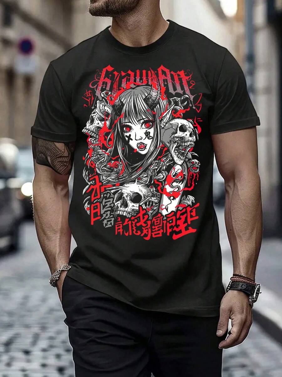 Men's Plus Size Short Sleeve T-Shirt With Demon Girl Print Featuring Skulls And Red Eyes, Comfortable Streetwear, 100% Cotton With Slight Stretch, Regular Fit, Crew Neck, All Seasons, Digital Print For Valentine's Day, Holiday Gift For Big Men, Gifts For Men - 黑色 - 查看 1