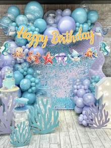1組海洋主題生日快樂橫幅裝飾，海洋生物圖案生日派對橫幅，海洋生日派對裝飾，1歲生日橫幅，嬰兒洗禮裝飾，生日派對用品，水下世界生日派對背景裝飾，美人魚派對裝飾 - 海洋 - 查看 8