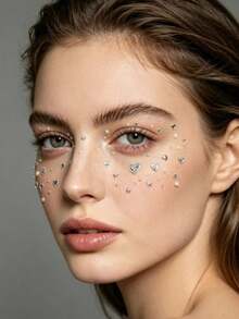 1 pieza Gemas faciales de corazón y estrella plateadas, pegatinas decorativas 3D autoadhesivas de cristal y perla para decoración facial, adecuadas para festivales, fiestas, Halloween, maquillaje Y2K, decoración de ojos y mejillas, sin necesidad de pegamento - Multicolor - Ver 3