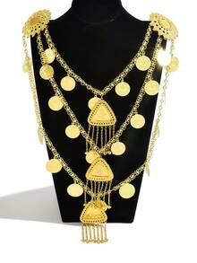 Cinto Vintage Esculpido com Borla Multicamadas, Design Vazado Feito à Mão, Estilo do Oriente Médio, Acessório de Vestido de Noiva Kaftan, Decoração de Palco para Dança do Ventre - Dourado - Visão 1