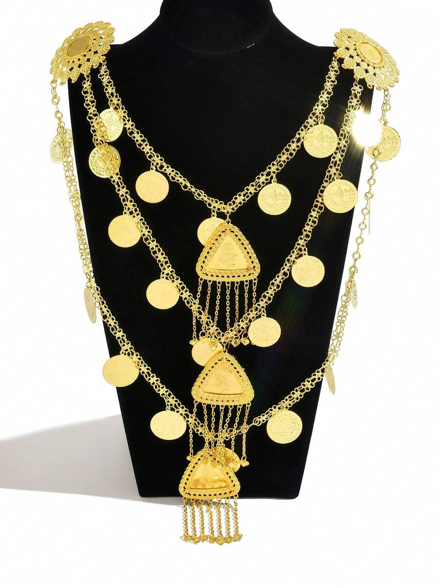 Cinto Vintage Esculpido com Borla Multicamadas, Design Vazado Feito à Mão, Estilo do Oriente Médio, Acessório de Vestido de Noiva Kaftan, Decoração de Palco para Dança do Ventre - Dourado - Visão 1