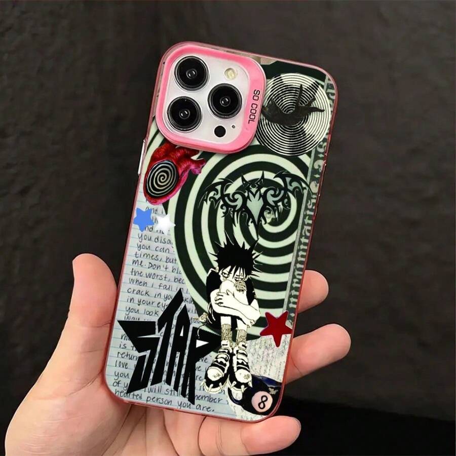Funda protectora para Apple 17PROMAX 16PROMAX 15PROMAX 14PROMAX 13PROMAX 12PROMAX 11PROMAX XSMAX, diseño estampado con estrellas, murciélago, corazón, bola de billar número 8, gato y figura chico en postura rodillas recogidas patrón espiral letras manuscritas, cubierta completa anti golpes ajuste preciso, material resistente protección diaria del teléfono móvil - rosa - Ver 1