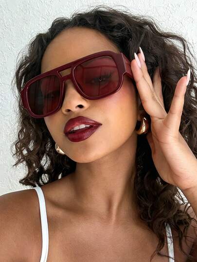 1pc Burgundy Double-Bridge Retro Fashion Unisex Glasses, Minimalist Punk Style, Suitable For Party, Photo Shooting, Daily Wear, Summer Holiday Beach Accessory