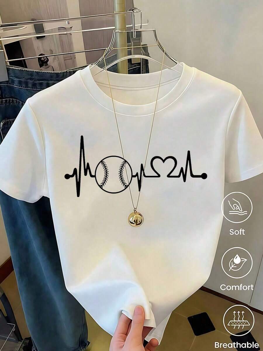 Women's White Baseball Heartbeat Graphic T-Shirt, Minimalist Sports Style Short Sleeve Heart Shirt, Modern Top For Game Fans, Comfortable And Breathable Casual Blouse (Retro Style, Fresh And Cool, Regardless Of Gender) - 白色的 - 查看 1
