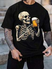 Camiseta negra casual  hombre con un esqueleto disfrutando de una cerveza,Elección perfecta de regalo de cumpleaños o festividad para amigos, familiares, novio o novia - Negro - Ver 6