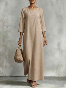 Vestido holgado de mujer con cuello redondo, decoración de botones y mangas 3/4 de estilo lino, cómodo para primavera y verano - Caqui - Ver 10
