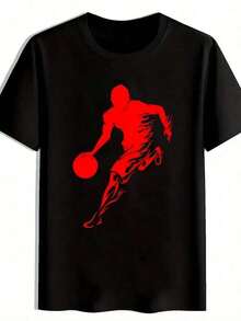 Men's Basketball Player Graphic Tee - Dynamic Red Print, Breathable, Short Sleeve, Crew Neck, Casual, For Sports Fans, Basketball Jersey, Sporty Design, Comfortable Fit, Boys' T-Shirts, Boys' Clothing, Girls' Clothing, Graphic Tee - 黑色 - 查看 1