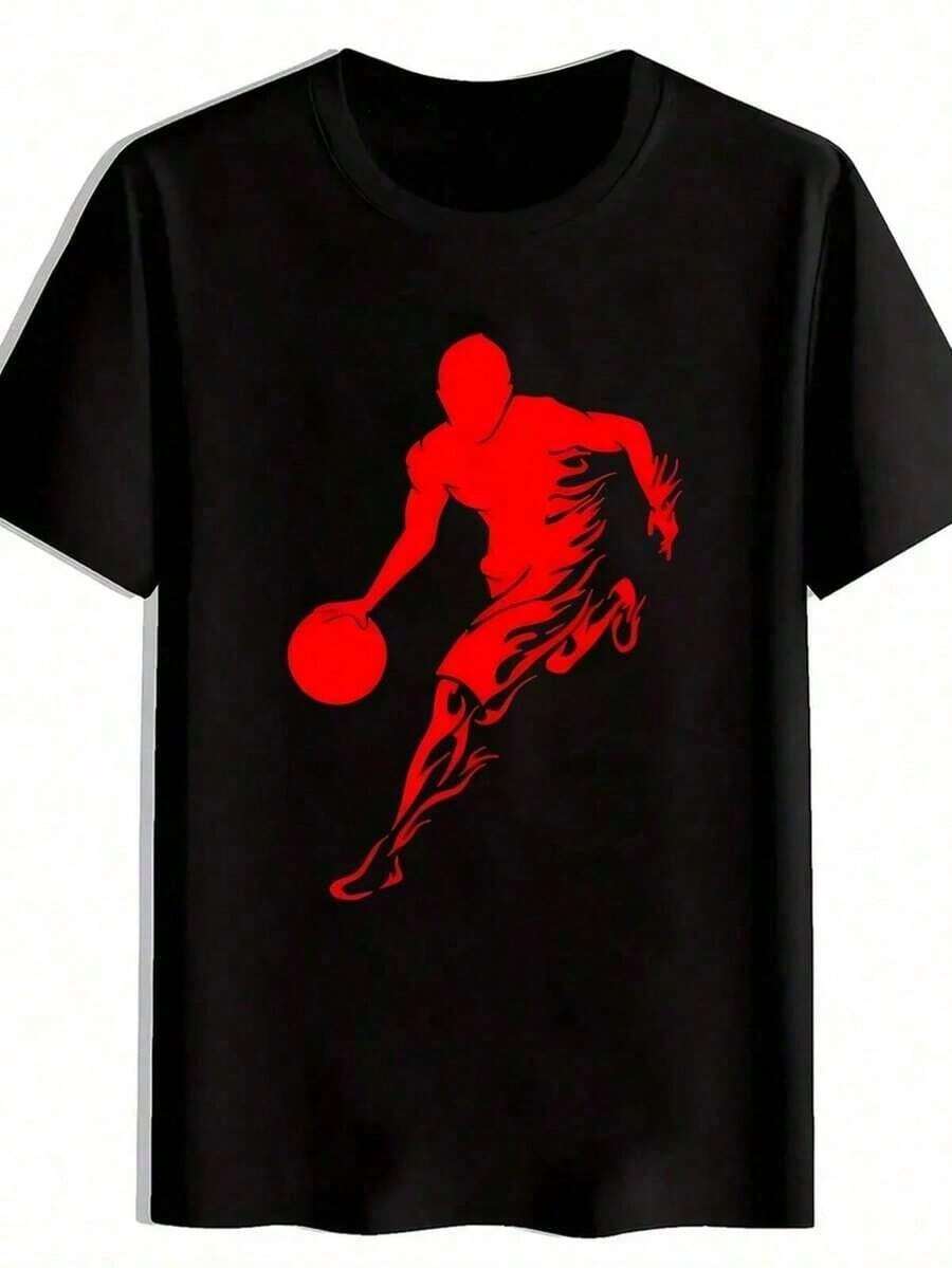 Men's Basketball Player Graphic Tee - Dynamic Red Print, Breathable, Short Sleeve, Crew Neck, Casual, For Sports Fans, Basketball Jersey, Sporty Design, Comfortable Fit, Boys' T-Shirts, Boys' Clothing, Girls' Clothing, Graphic Tee - 黑色 - 查看 1