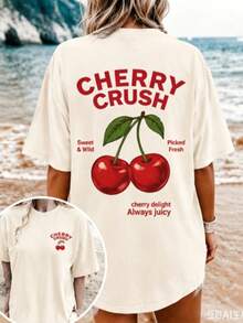 Women Summer Vacation Beach Cover Up Cute Cherry Fruit Print Loose Fit Crew Neck Everyday Casual Graphic T-Shirt - 杏色1 - 查看 1