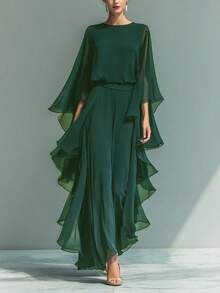 Two-Piece European And American Style Set 2026: Navy Blue Chiffon Top With Flared Sleeves And Straight-Cut Trousers With Ruffles. - Green - View 1