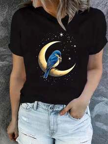 1 Women's Summer Short Sleeve T-Shirt With Print, Modern And Casual, Machine Washable, Comfortable Fit, 2D Flat Print, 180g 100% Cotton. - 黑色_08 - 查看 1