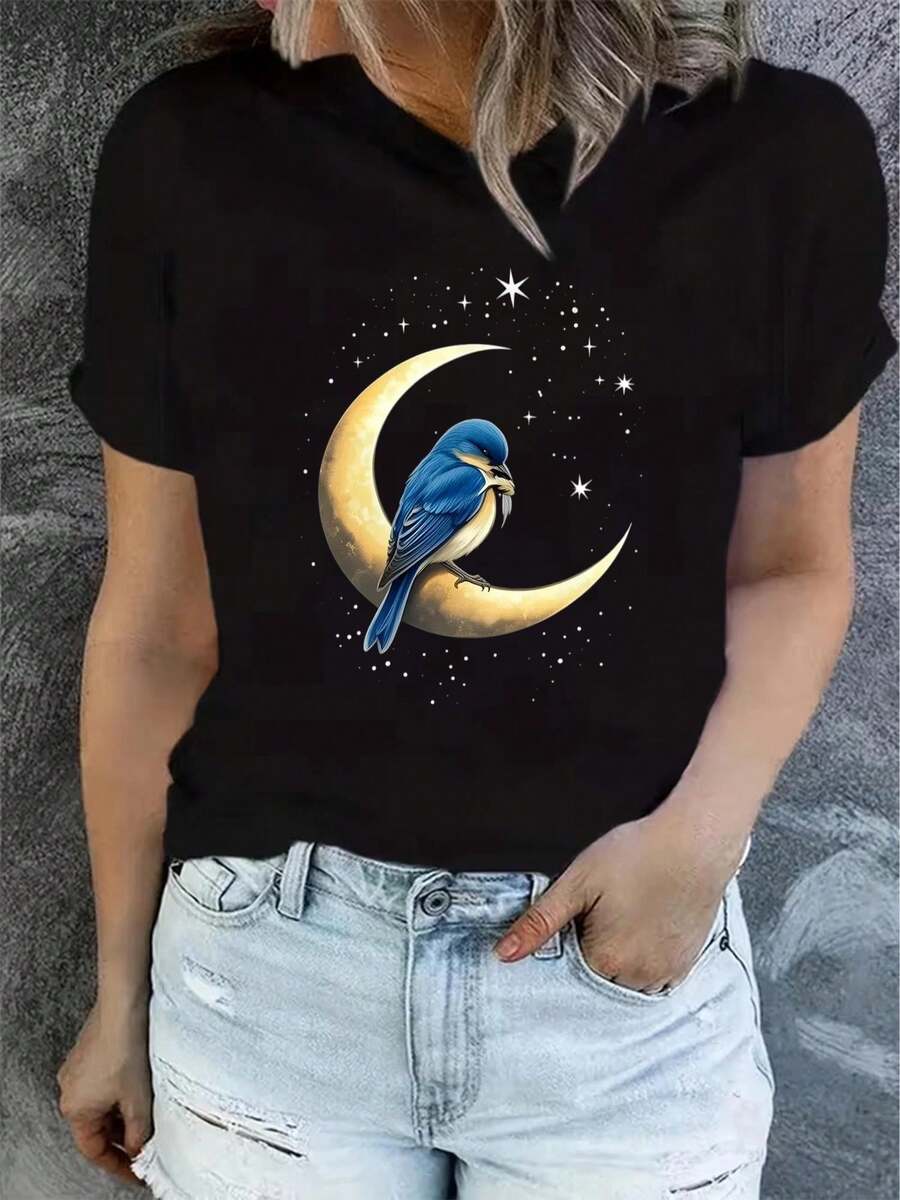 1 Women's Summer Short Sleeve T-Shirt With Print, Modern And Casual, Machine Washable, Comfortable Fit, 2D Flat Print, 180g 100% Cotton. - 黑色_08 - 查看 1