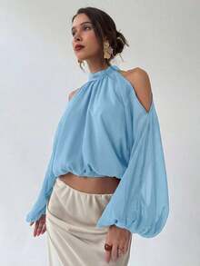 AYYAloruh Top corto halter de hombros abiertos de unicolor elegante para mujer, ropa de verano, ropa de playa, vacaciones, estilo bohemio, tropical, festival, country, western, streetwear, gyaru, tops de verano con hombros descubiertosAYY - Azul - Ver 6