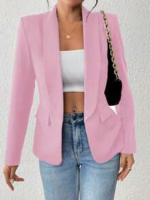 AYYSHEIN PETITE Chaqueta casual de manga larga con bolsillo de unicolor para uso diarioAYY - Rosa - Ver 12