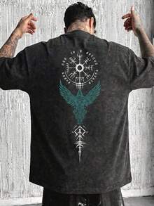 FRACTYR Men's Casual Summer Streetwear T-Shirt, Norse Mythology Rune Print, Loose Fit, Crew Neck, Short Sleeve - 黑色 - 查看 2