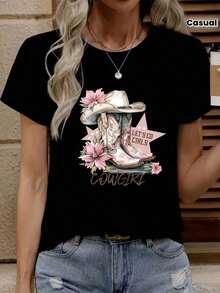 100% Cotton Women's Printed T-Shirt For Everyday Summer Wear. Women's Cowboy T-Shirt – Short-Sleeve Western-Style Tee With Cowgirl And Horseshoe Prints, Featuring The Slogan "Let's Go Cowgirls" And A Pink Floral Cactus And Hat Design – Ideal For Casual Summer Outfits At Rodeos And Country Parties. Comfortable, Soft, And Simple Short-Sleeve Tee For Everyday Wear. - 黑色 - 查看 6