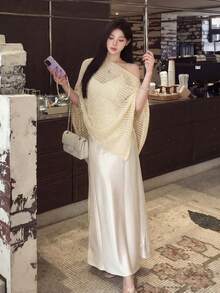 Áo khoác ngoài mỏng nhẹ, xuyên thấu, khoét vai, kiểu dáng thanh lịch Pháp, chất liệu nhẹ nhàng, đa năng cho trường học, đám cưới, lễ hội âm nhạc, tiệc tùng, phong cách đường phố sành điệu. - Màu be - Xem 2