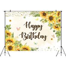 1 向日葵生日快乐背景布，蝴蝶金点女孩甜美生日摄影背景布，适用于生日派对装饰、拍照道具、蛋糕桌背景、家居客厅和卧室装饰。 - 多色 - 查看 2