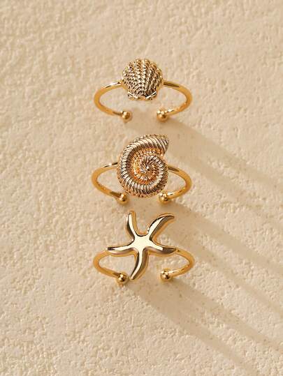 Nocturel 3pcs/Set Summer Beach Starfish Ring Set, Seashell & Scallop Rings, Women Holiday Beach Travel Jewelry Accessories Gift