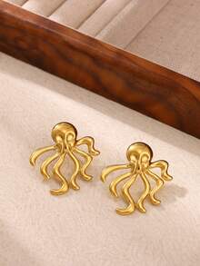 Vintage Stainless Steel Big Coral Earrings,18K Gold Plated Octopus Stud Earrings, Marine Life Jewelry Ocean Beach Daily Wear Vacation Accessory - 1 - View 3