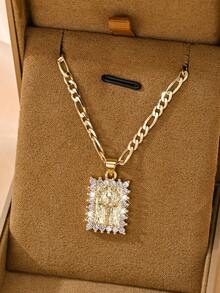 1pc Classic European & American Style Copper Inlaid Zirconia Small Vintage Gold Square Cross Jesus Protective Light Limited Edition Pendant Necklace, Suitable For Christmas/Thanksgiving/Halloween/Mother's Day/Valentine's Day Gifts For Couples/Friends/Believers, Catholic First Communion, Gifts, Daily & Holiday Wear Prayer - Yellow Gold - View 1