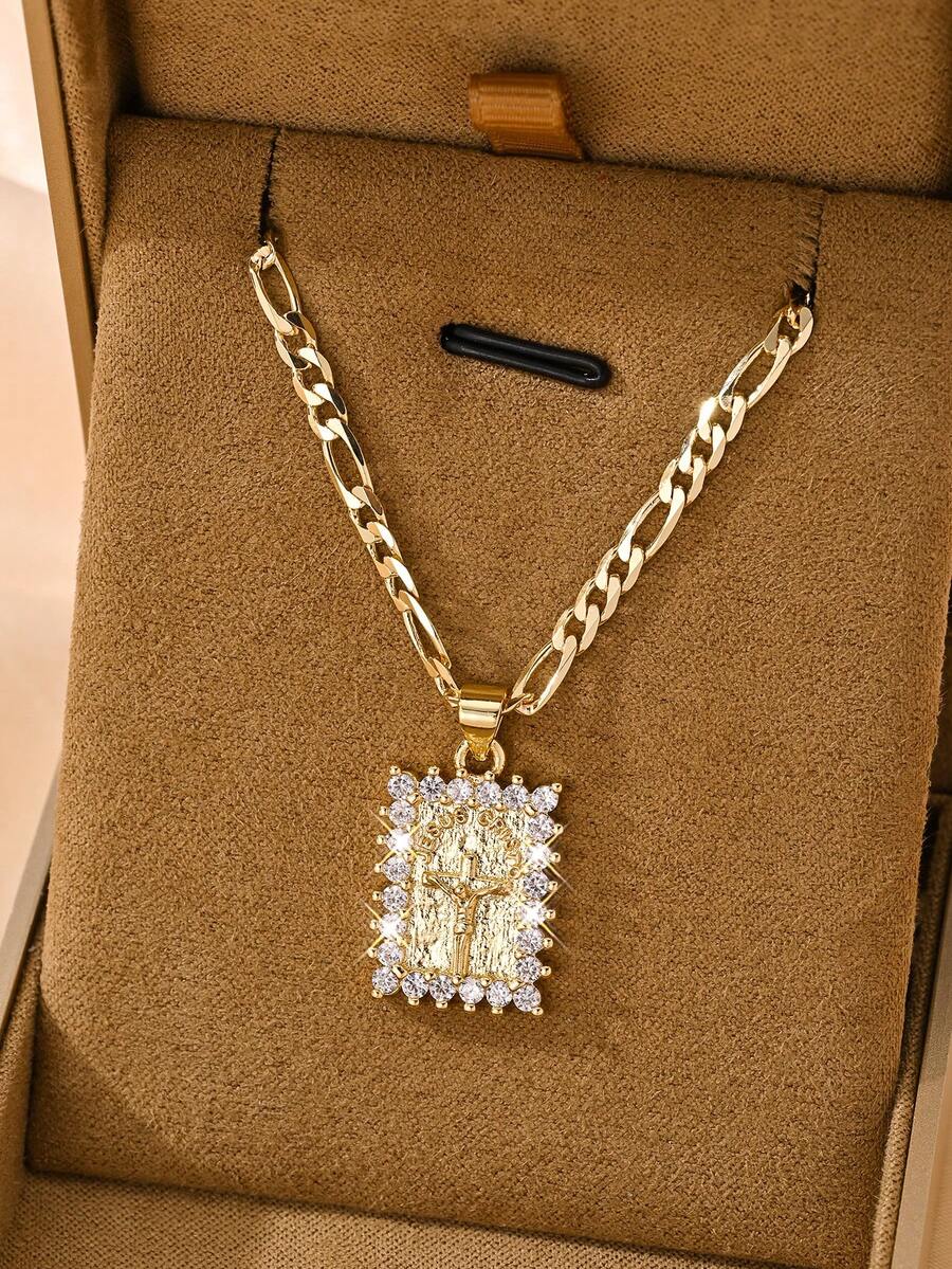 1pc Classic European & American Style Copper Inlaid Zirconia Small Vintage Gold Square Cross Jesus Protective Light Limited Edition Pendant Necklace, Suitable For Christmas/Thanksgiving/Halloween/Mother's Day/Valentine's Day Gifts For Couples/Friends/Believers, Catholic First Communion, Gifts, Daily & Holiday Wear Prayer - Yellow Gold - View 1