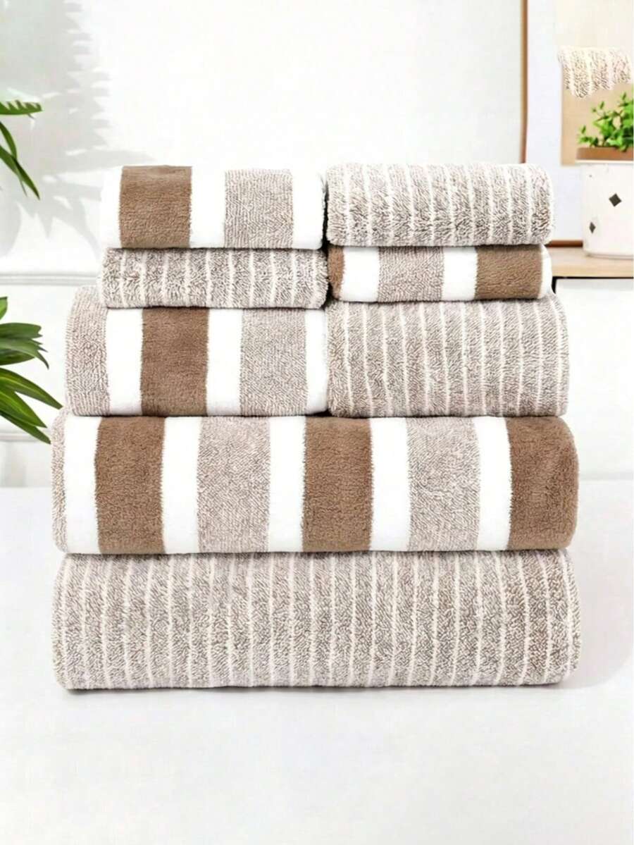 Bộ 8 khăn tắm, khăn tắm kẻ sọc mềm mại dùng trong nhà tắm, khăn mặt, khăn thấm hút nhanh khô, thích hợp để lau mặt.
