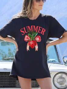 Women's T-Shirt With Tropical Fruit And Strawberry Print, Featuring A Strawberry Design And Strawberry Lifestyle: Casual Short-Sleeved Summer T-Shirt With A Round Neck, Soft And Breathable, White Strawberry Design, Loose And Comfortable For Everyday Wear, Machine Washable, Suitable For The Beach And Strawberry-Themed Clothing - Offers Fun Clothing For Strawberry Lovers - 4 - 查看 1