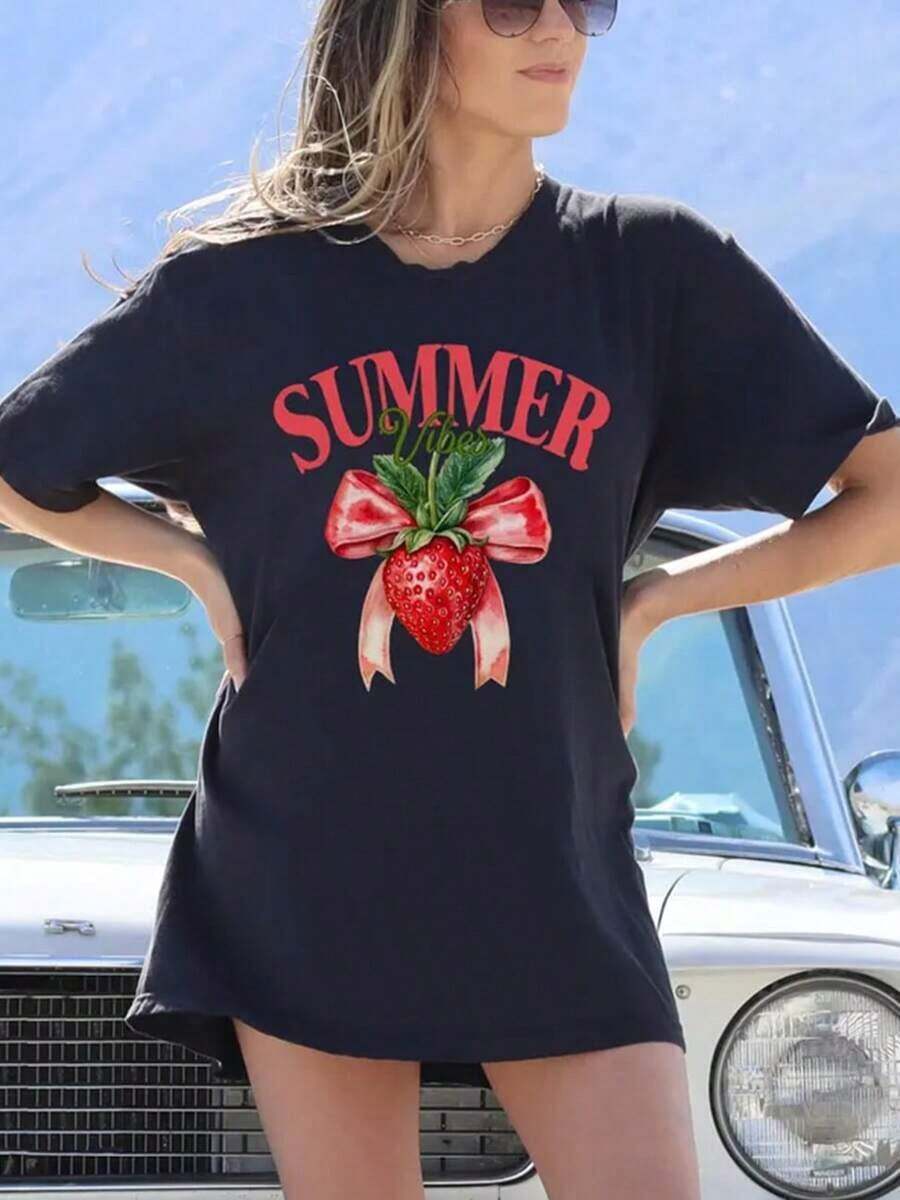 Women's T-Shirt With Tropical Fruit And Strawberry Print, Featuring A Strawberry Design And Strawberry Lifestyle: Casual Short-Sleeved Summer T-Shirt With A Round Neck, Soft And Breathable, White Strawberry Design, Loose And Comfortable For Everyday Wear, Machine Washable, Suitable For The Beach And Strawberry-Themed Clothing - Offers Fun Clothing For Strawberry Lovers - 4 - 查看 1
